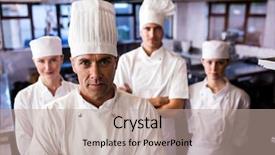  Presentation with hotel kitchen - PPT theme featuring team skill - group of chefs standing background and a coral colored foreground