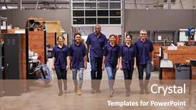  Presentation with factory - PPT layouts with team skill - portrait of engineers and apprentices background and a coral colored foreground