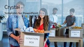  Presentation with creative - Amazing slide set having team sorting clothes in donation backdrop and a light blue colored foreground