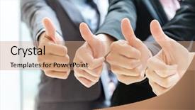  Presentation with spirit - Amazing presentation theme having team spirit - businesspeople posing thumb up backdrop and a coral colored foreground