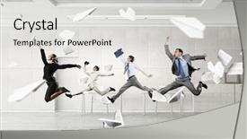  Presentation with office room - PPT layouts with team spirit - dancing businesspeople in office room background and a light gray colored foreground