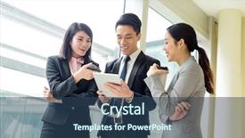  Presentation with tablet - Colorful slides enhanced with team spirit - group of business people discuss backdrop and a  colored foreground