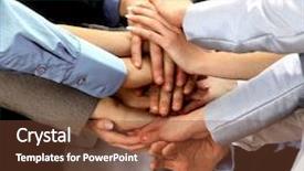  Presentation with team hands - Beautiful presentation featuring team spirit - hands piled on top backdrop and a tawny brown colored foreground