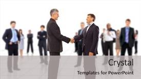  Presentation with five business people standing together and smiling - PPT layouts having team spirit - smiling business people and business background and a light gray colored foreground