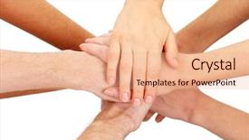 Presentation with team hands - Cool new theme with team spirit - united hands isolated on white backdrop and a coral colored foreground