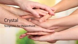  Presentation with team hands - Beautiful PPT theme featuring team spirit - united hands on bright background backdrop and a coral colored foreground
