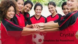  Presentation with female soccer - Presentation theme with team stacking hands on ball background and a crimson colored foreground