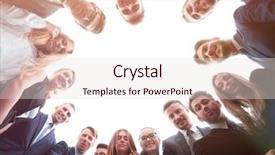  Presentation with building team - Audience pleasing PPT theme consisting of team standing forming a circle backdrop and a lemonade colored foreground