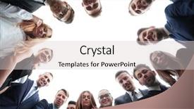  Presentation with building team - PPT theme enhanced with team standing forming a circle background and a light gray colored foreground