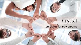  Presentation with team - Colorful presentation enhanced with team standing in a circle backdrop and a coral colored foreground