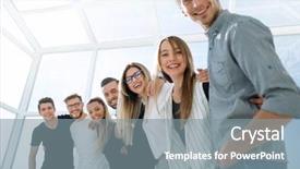  Presentation with five business people standing together and smiling - Cool new slides with team standing in the new backdrop and a gray colored foreground