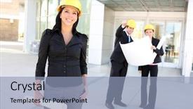  Presentation with architect - Slides consisting of engineering groups - young pretty hispanic woman architect background and a light blue colored foreground