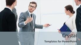  Presentation with people talking - Amazing slide deck having team success conferences - happy business people talking backdrop and a light blue colored foreground