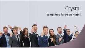  Presentation with five business people standing together and smiling - PPT theme with team success conferences - smiling business people standing together background and a light gray colored foreground