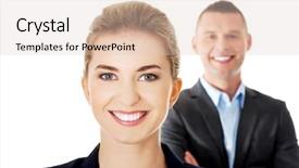  Presentation with successful - Colorful PPT layouts enhanced with team success full smiling people - successful business couple is standing backdrop and a  colored foreground