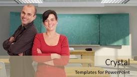  Presentation with teaching - Presentation theme featuring team teaching - pair of smiling teachers background and a coral colored foreground