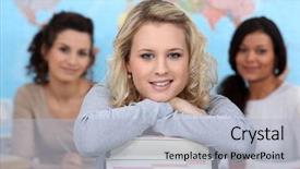  Presentation with class - Audience pleasing theme consisting of team teaching - three teenage girls in class backdrop and a light gray colored foreground