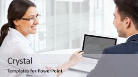  Presentation with young business people - PPT theme featuring team teaching - young business people working background and a  colored foreground