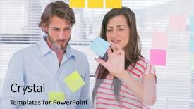  Presentation with note - Beautiful slide deck featuring team thinking - woman showing the sticky note backdrop and a light blue colored foreground