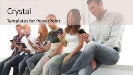  Presentation with team - Slide set having team using a mobile device background and a soft green colored foreground