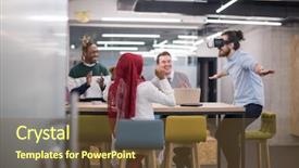  Presentation with virtual team - Slide deck with team using virtual reality headset background and a tawny brown colored foreground