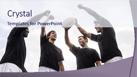  Presentation with victory team - PPT theme having team victory - rugby players cheering together background and a sky blue colored foreground
