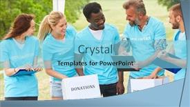  Presentation with team - Colorful slide deck enhanced with team-volunteer-collecting-donations-volunteering backdrop and a light blue colored foreground