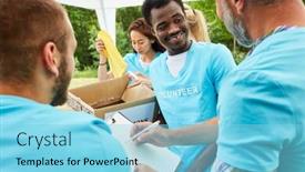  Presentation with charitable - Beautiful presentation theme featuring team-volunteer-collects-and-registers backdrop and a light blue colored foreground