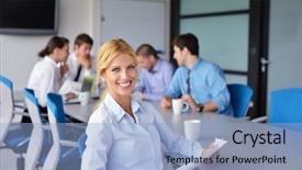  Presentation with staff - Presentation with team work backgrounds - business woman with her staff background and a light blue colored foreground