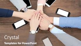  Presentation with team work - Beautiful slide deck featuring team work concept people sitting at table and holding hands together backdrop and a violet colored foreground