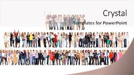  Presentation with five business people standing together and smiling - Theme having team work diversity - office idea standing together background and a  colored foreground