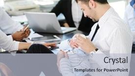  Presentation with doctor taking care of baby - PPT theme consisting of parents meeting - business people taking care background and a light blue colored foreground