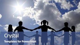  Presentation with sun rays on blue sky - Slides with kids working together - children circle on real sunny background and a ocean colored foreground