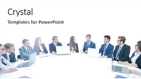  Presentation with team meeting - Audience pleasing presentation design consisting of team working at meeting round backdrop and a white colored foreground