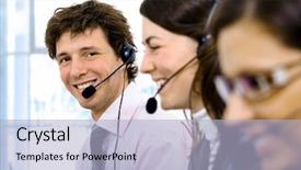  Presentation with customer service - Colorful slides enhanced with team working in headsets focus backdrop and a light blue colored foreground