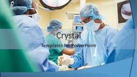  Presentation with medical surgical siccors - Presentation having team working in operating theatre background and a light blue colored foreground