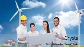  Presentation with turbine - Slide deck with casual architecture team working together against houses in a turbine field background and a light blue colored foreground