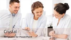  Presentation with teachers working around a table - Cool new presentation theme with team working with tablet pcs backdrop and a lemonade colored foreground