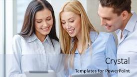  Presentation with demographic millennials business concept - Slide deck with team working with tablet pcs background and a light blue colored foreground