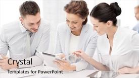  Presentation with team - Slide set enhanced with team working with tablet pcs background and a  colored foreground