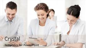  Presentation with tablet - Cool new PPT theme with team working with tablet pcs backdrop and a soft green colored foreground