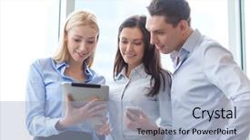  Presentation with smartphones - Presentation design with team working with tablet pcs background and a light blue colored foreground