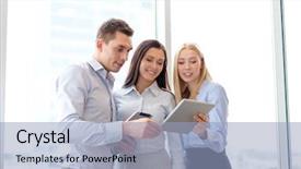  Presentation with office - Beautiful presentation design featuring team working with tablet pcs backdrop and a light blue colored foreground