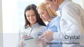  Presentation with office - Colorful PPT theme enhanced with team working with tablet pcs backdrop and a light blue colored foreground