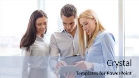  Presentation with office - Presentation featuring team working with tablet pcs background and a  colored foreground