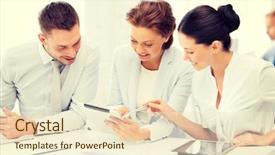  Presentation with working - Beautiful presentation theme featuring team working with tablet pcs backdrop and a  colored foreground