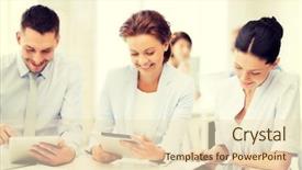  Presentation with tablet - Slides enhanced with team working with tablet pcs background and a  colored foreground