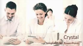  Presentation with teachers working around a table - Slides enhanced with team working with tablet pcs background and a  colored foreground