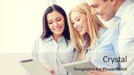  Presentation with office - Amazing PPT theme having team working with tablet pcs backdrop and a  colored foreground