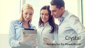  Presentation with audit business compliance concept - Colorful PPT layouts enhanced with team working with tablet pcs backdrop and a light gray colored foreground